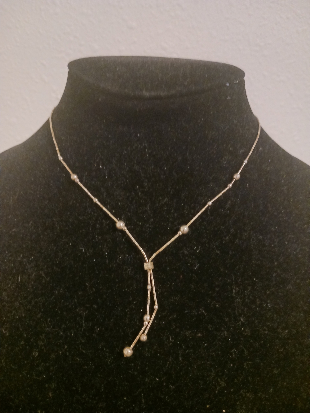 Elegant Sterling Silver Barrel Bead Lariat Necklace 15.5" Stamped .925
